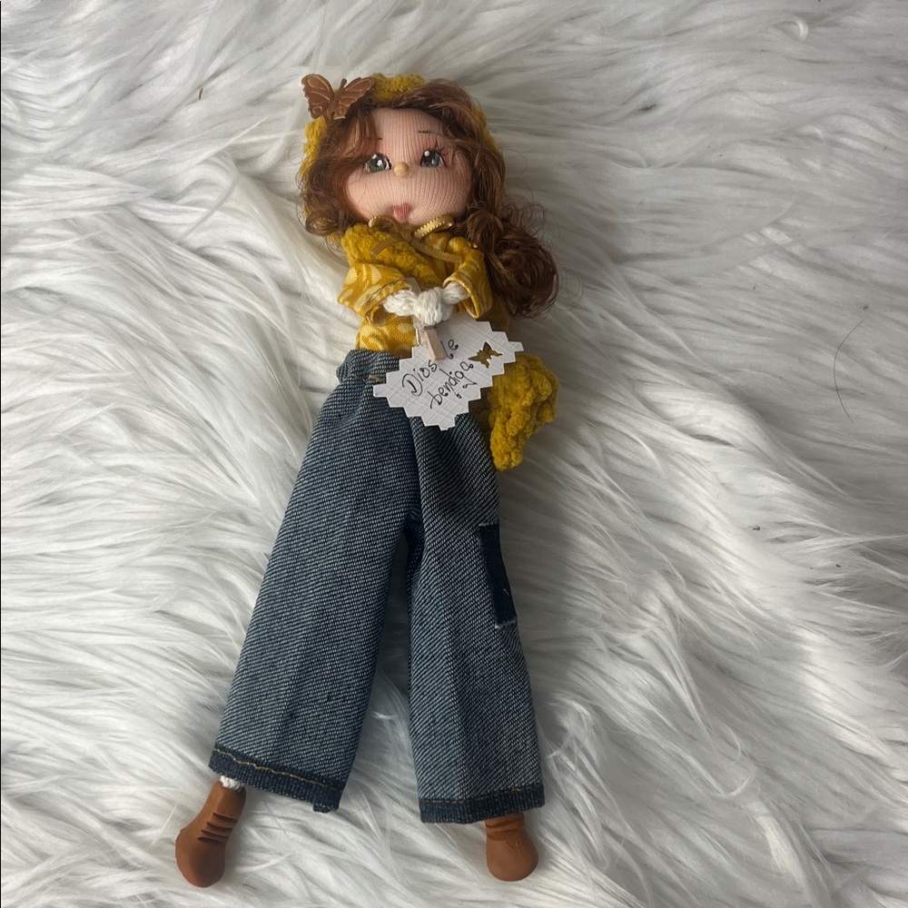 Handmade Doll with Yellow Scarf and Denim Pants